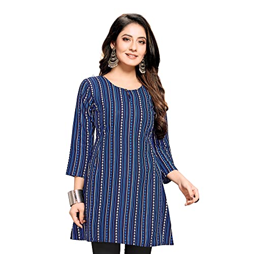 Shiv Textiles Rayon Fabric Printed Round Neck Short Kurtis for Women Top Dresses Kurti for Ladies & Girls Kurtis (Navy Blue_M) - Image 1