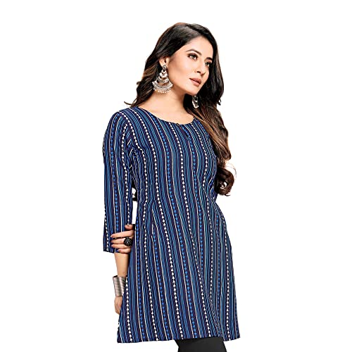 Shiv Textiles Rayon Fabric Printed Round Neck Short Kurtis for Women Top Dresses Kurti for Ladies & Girls Kurtis (Navy Blue_M) - Image 3