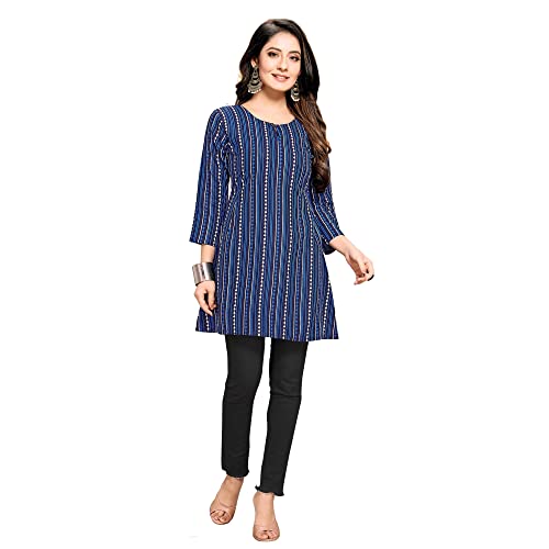 Shiv Textiles Rayon Fabric Printed Round Neck Short Kurtis for Women Top Dresses Kurti for Ladies & Girls Kurtis (Navy Blue_M) - Image 5