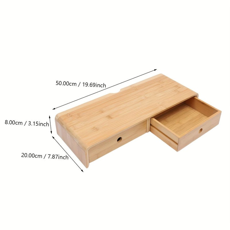 Double Pull Bamboo Monitor Stand Riser With 2 Drawers Desktop Organizer For Laptop Printer Ergonomic Computer Screen Stand And Keyboard Storage Natural Finish Home Office - Image 2