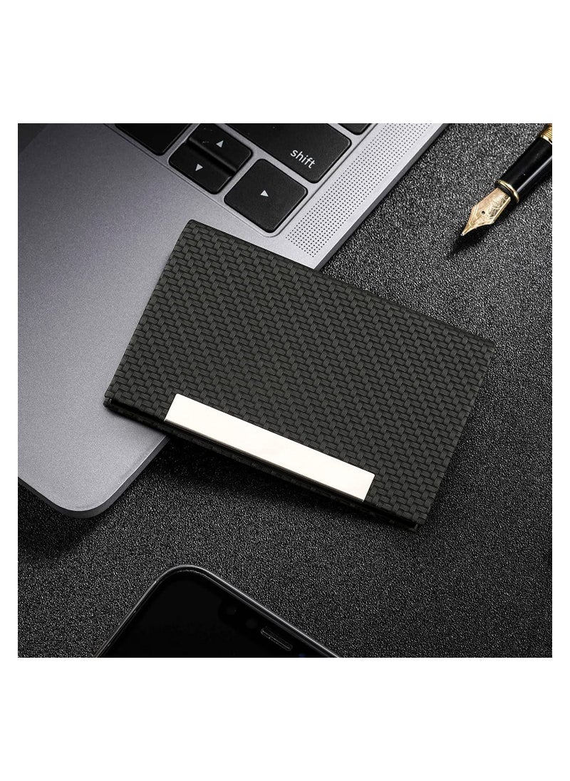 SYOSI - Business Card Holder, Business Card Case Metal Card Holders for Men & Women Professional Business Card Wallet Credit Cards Holder Name Card Holder, PU Leather & Stainless Steel, Black Carbon - Image 1