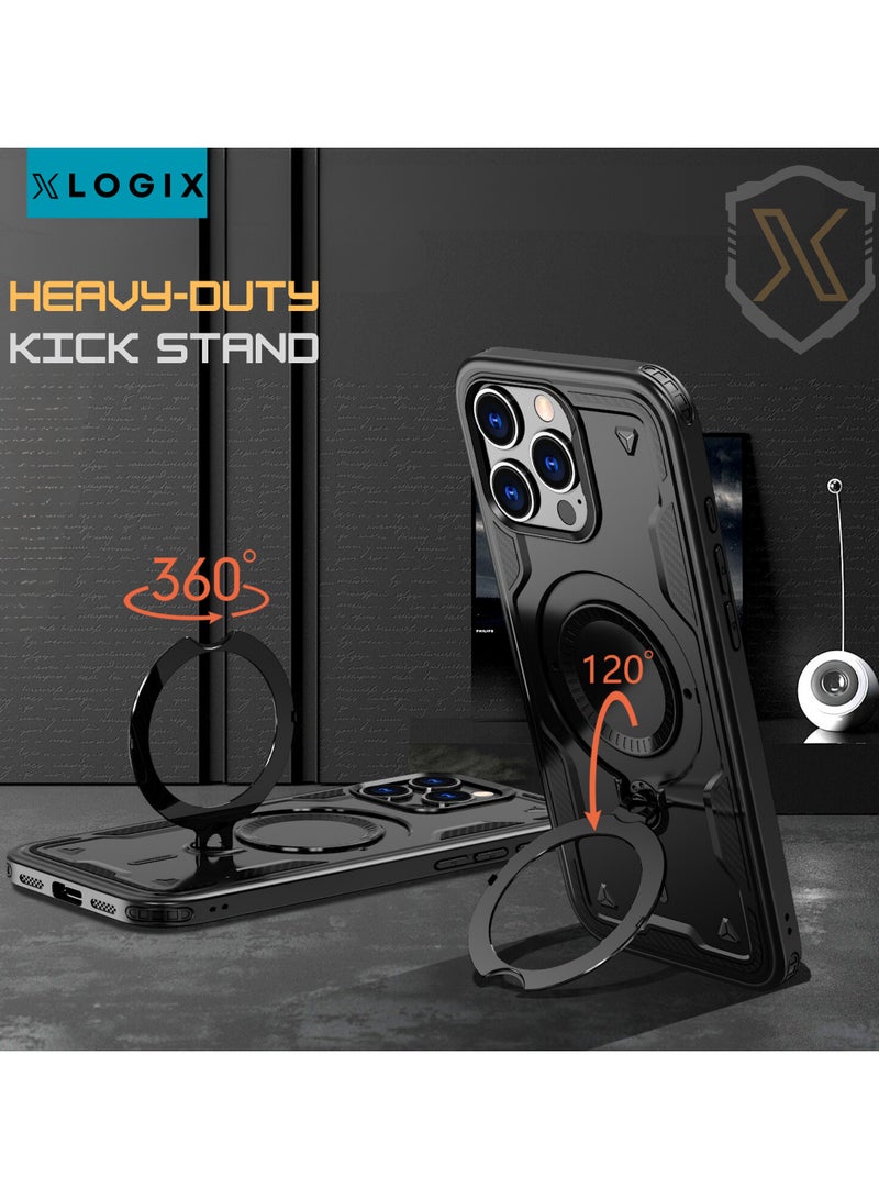 XLogiX for iPhone 15 Pro Armoured Case with Built-in Kickstand | Heavy-Duty Protection | Shockproof | Slim Design | Compatible with MagSafe Accessories, ArmourX Series for iPhone 15 Pro - BLACK - Image 4