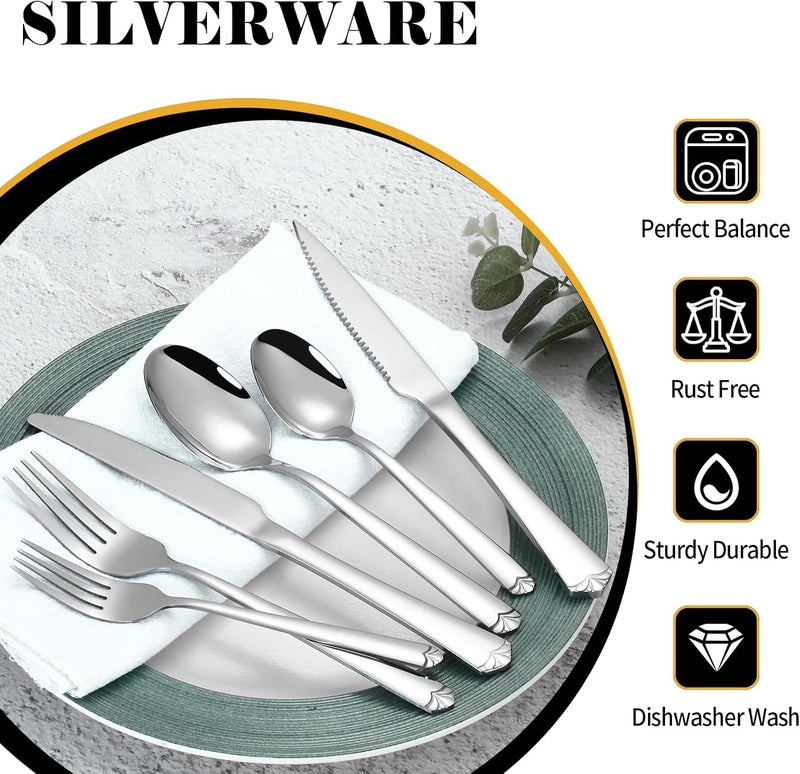 Prendcyx 60 Piece Silverware Set with Steak Knives for 10, Stainless Steel Flatware Set, Food-Grade Tableware Cutlery Set Includes Forks Spoons Knives, Mirror Polished, Dishwasher Safe - Image 5