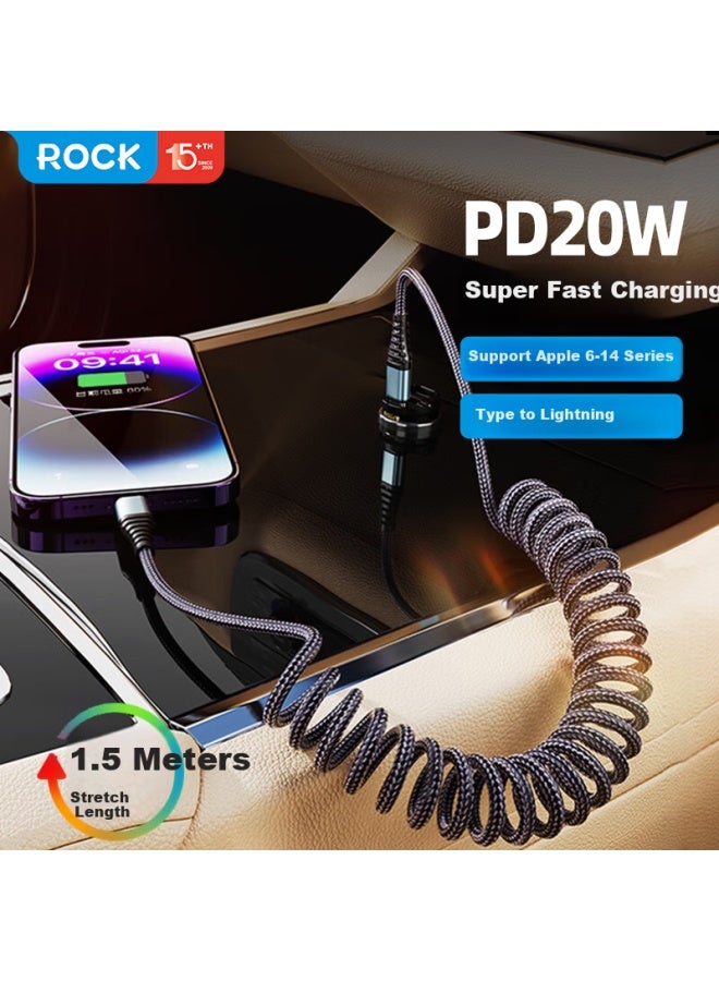 Rock Apple Data Cable Car Charger Line Portable Spring Telescopic Flash Charging Line For Iphone 14/13 Pro/12/11 Ipad Mobile Phone Lightning Fast Charging Line - Image 1