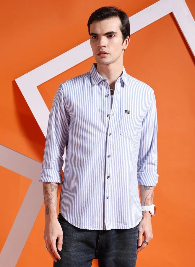 The Indian Garage Co Men Slim Fit Striped Full Sleeves Cutaway Collar Casual Shirt