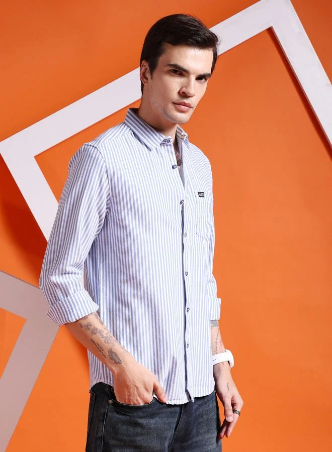 The Indian Garage Co Men Slim Fit Striped Full Sleeves Cutaway Collar Casual Shirt