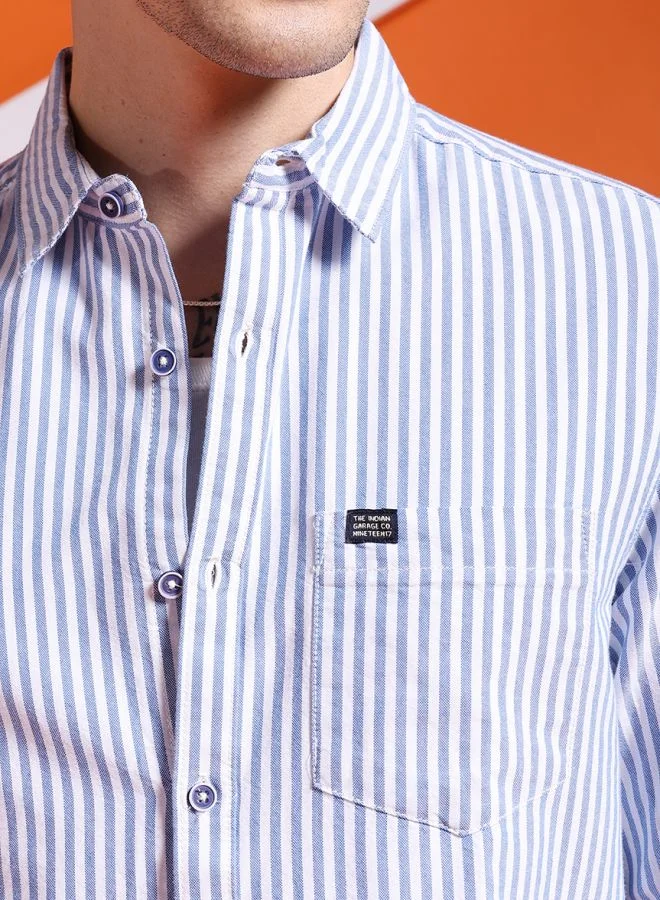 The Indian Garage Co Men Slim Fit Striped Full Sleeves Cutaway Collar Casual Shirt