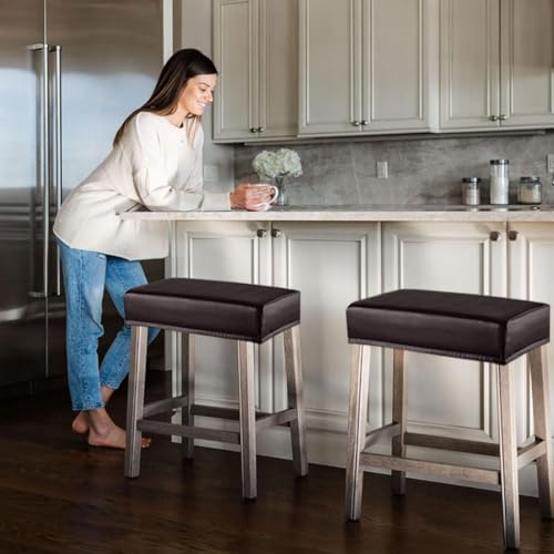 Levoberg Bar Stool Cover Rectangle Waterproof PU Counter Height Barstool Slipcovers Rectangular Vanity Stool Cover Kitchen Counter Saddle Seat Cover for Wooden Metal Bench Set of 2 Coffee - Image 2
