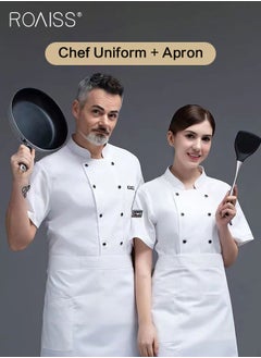 roaiss 2-Piece Chef Uniform And Apron Set Unisex Stand-Collar Long-Sleeved Double-Breasted Top And Matching Apron In The Same Color  - Image 2