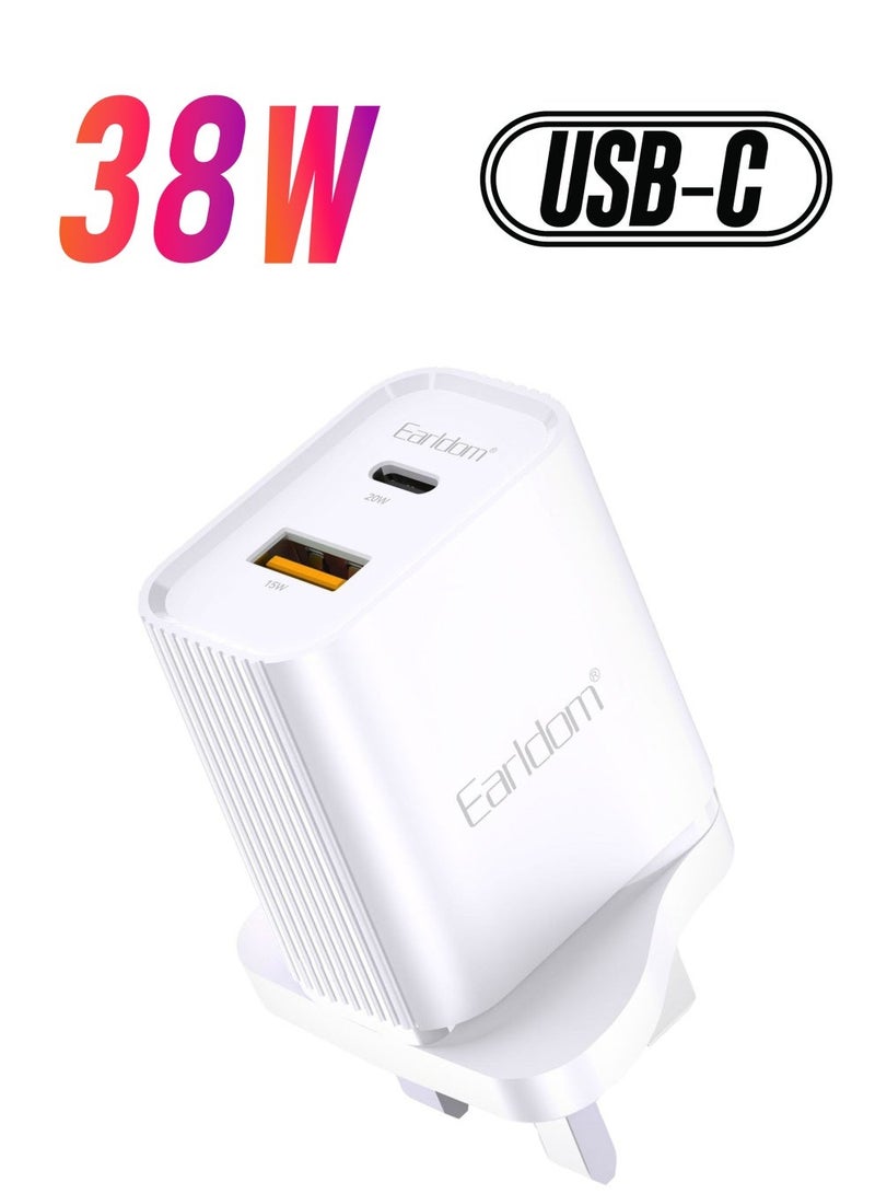 Earldom 38W PD QC3.0 USB Wall Charger – UK 3 Pin Plug Type-C Fast Charging Adapter for iPhone 16 & More - Image 1