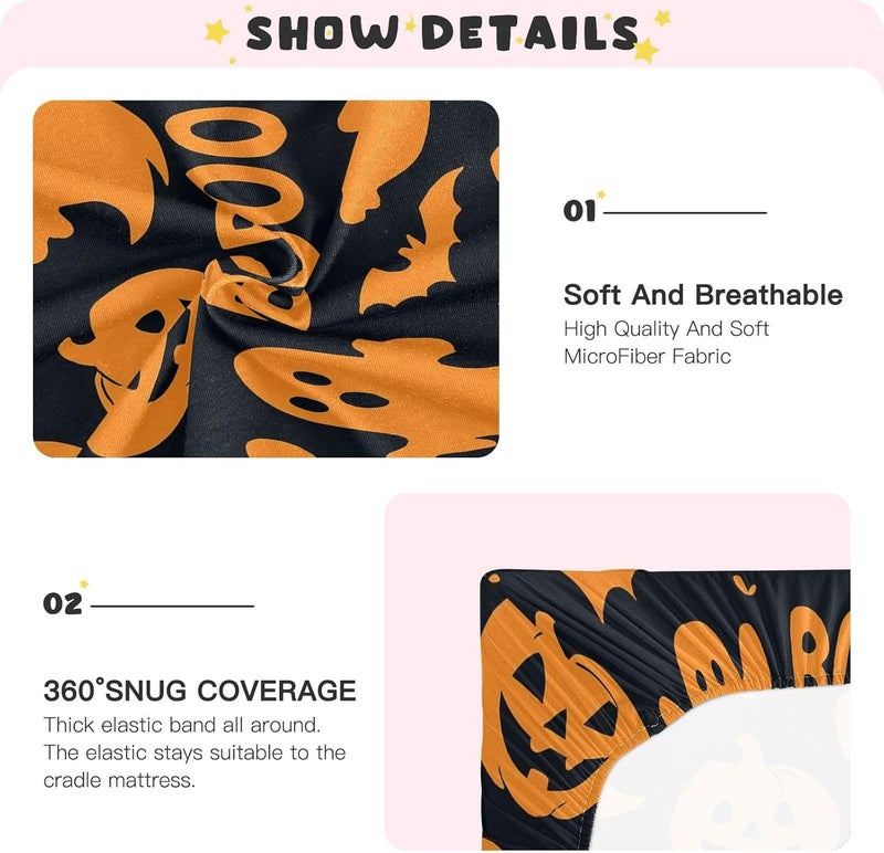 Halloween Boo Pumpkin Bat Crib Sheets for Boys Girls Ultra Soft Breathable Baby Crib Sheet Fitted Crib Sheets for Standard Size Crib and Toddler Mattresses, 39 x 27 Inch - Image 5