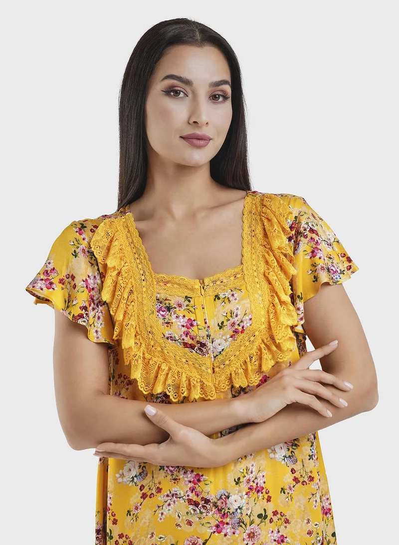 كشخة Mustard Viscose Floral Print Mini Nightwear Dress (CNH449)