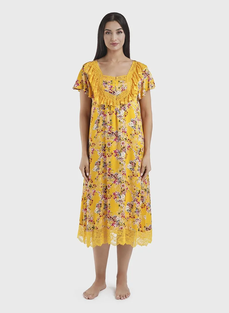 كشخة Mustard Viscose Floral Print Mini Nightwear Dress (CNH449)