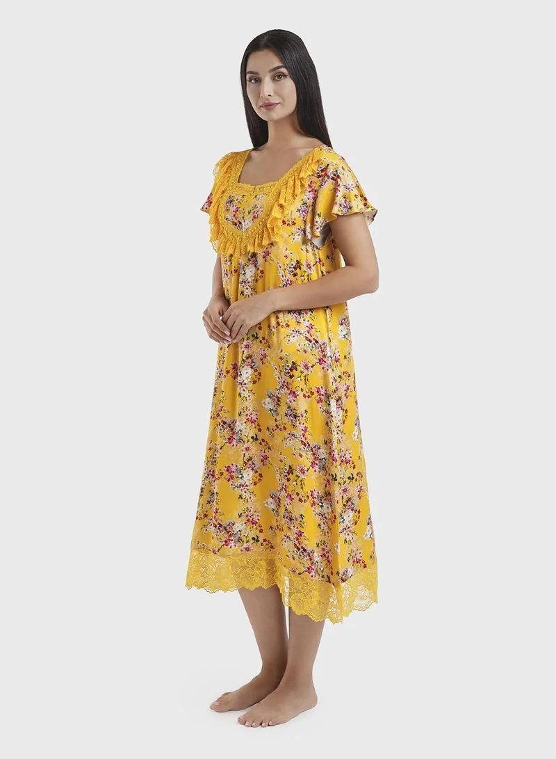 Kashkha  Mustard Viscose Floral Print Mini Nightwear Dress (CNH449) for Women | Best Price UAE