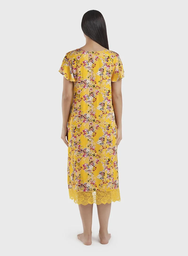 Kashkha  Mustard Viscose Floral Print Mini Nightwear Dress (CNH449) for Women | Best Price UAE