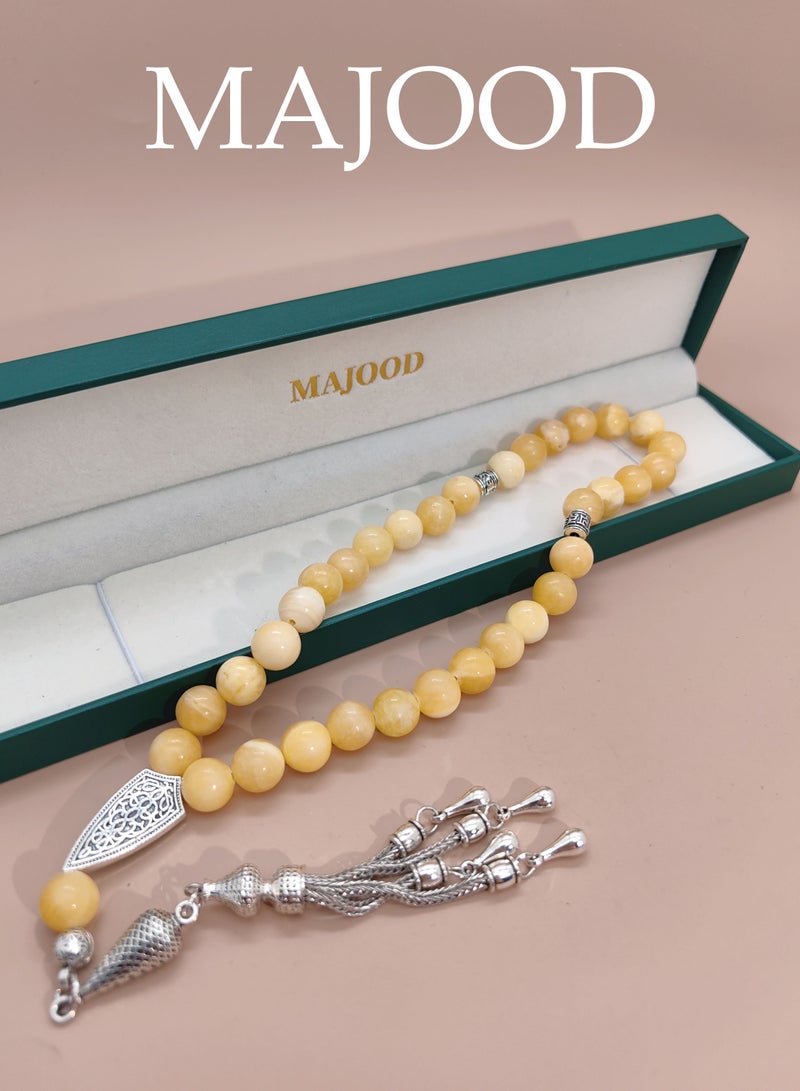 MAJOOD 33 Natural Yellow And White Agate Prayer Beads/Tasbih/10mm - Image 1