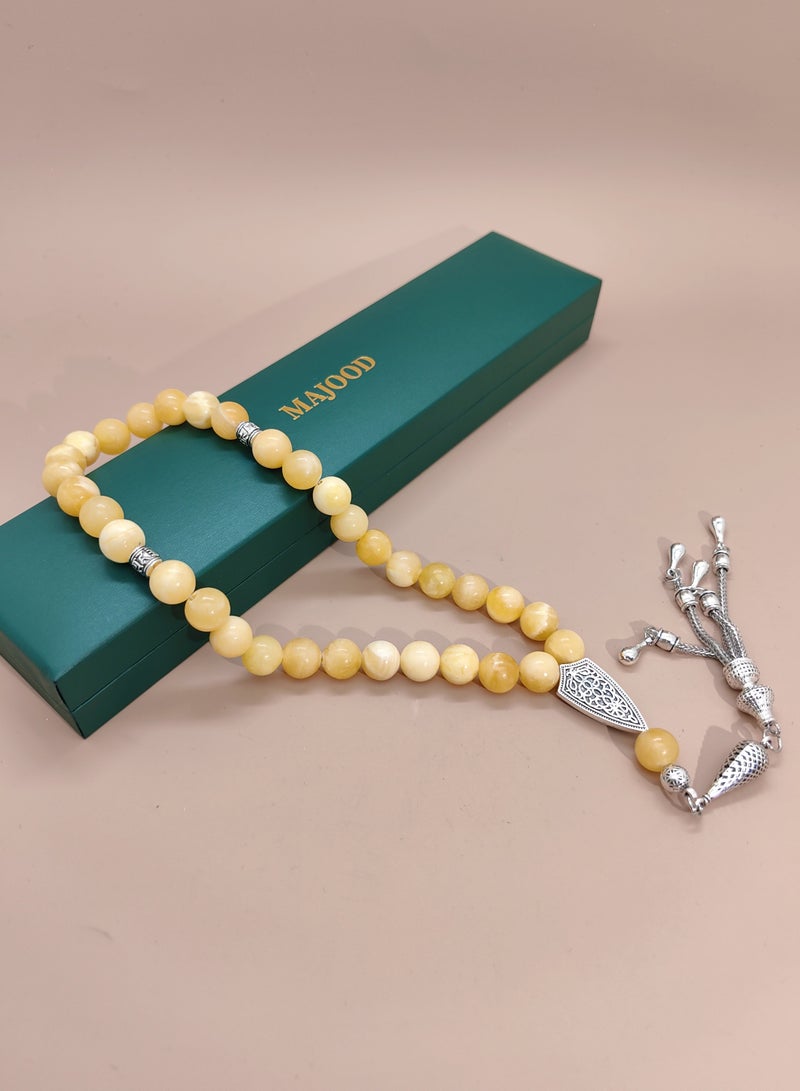 MAJOOD 33 Natural Yellow And White Agate Prayer Beads/Tasbih/10mm - Image 3