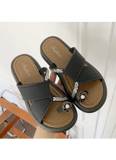 New Cross-Border Fashion Womens Sandals Summer Outerwear Elegant Versatile Fashion One-Row Thick Bottom Beach Slippers PVC Mate Black [6063-flower diamond]