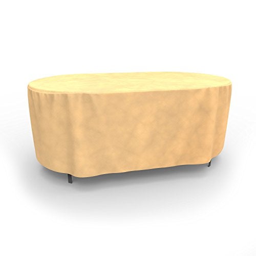 Budge P5A20SF1 All Seasons Oval Patio Table Cover Lightweight, UV-Resistant, Medium-28 H x 72" L x 42" W, Tan - Image 2