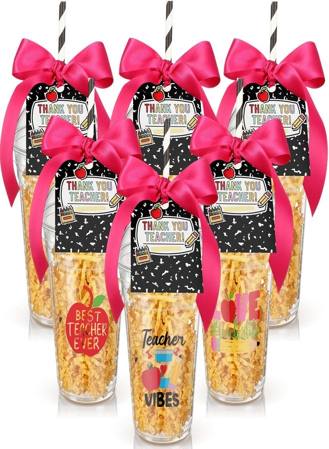 Ferrochef 6 Sets Teacher Appreciation Gifts Bulk DIY Plastic Coffee Cups with Lid, Straw, Card, and Stickers Thank You Gifts for Teacher Employee Back to School End of Year Party Favors - Image 1