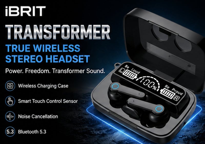 إبريت سماعات أذن لاسلكية iBRIT Transformer، سماعات TWS بتقنية بلوتوث 5.3، تحكم باللمس الذكي، إلغاء الضوضاء، علبة شحن لاسلكية، بطارية 300 مللي أمبير، شحن USB-C، أبيض - Image 1