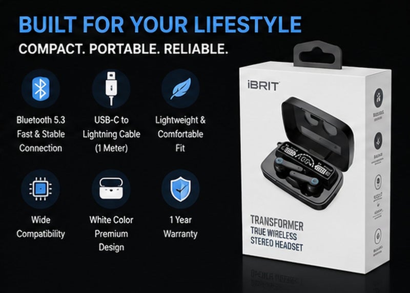 إبريت سماعات أذن لاسلكية iBRIT Transformer، سماعات TWS بتقنية بلوتوث 5.3، تحكم باللمس الذكي، إلغاء الضوضاء، علبة شحن لاسلكية، بطارية 300 مللي أمبير، شحن USB-C، أبيض - Image 2