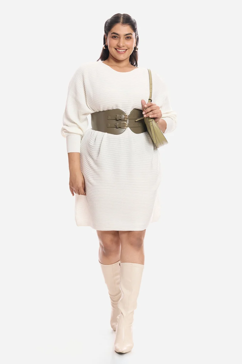 Virgio Solid Cotton Plus Size Dress With Cuffed Sleeves for Women