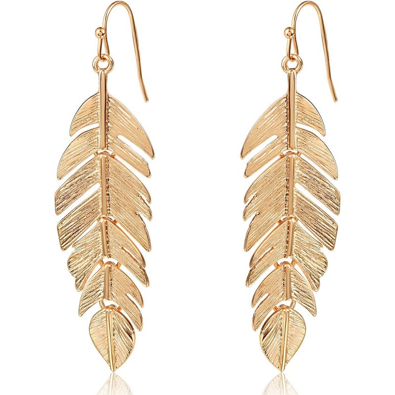 Humble Chic Floating Feathers Dangle Earrings Long Hanging Metal Link Leaf Drops Gold Tone