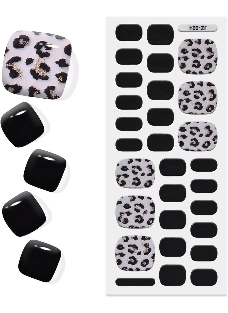 King Horse Semi Cured Gel Toenail Strips Glossy Gel Pedicure Stickers Long Lasting Gel Nail Pedi Strips Salon Quality Nail Wraps Semi-Cured Toe Nail Stickers (Black Leopard Z024) 