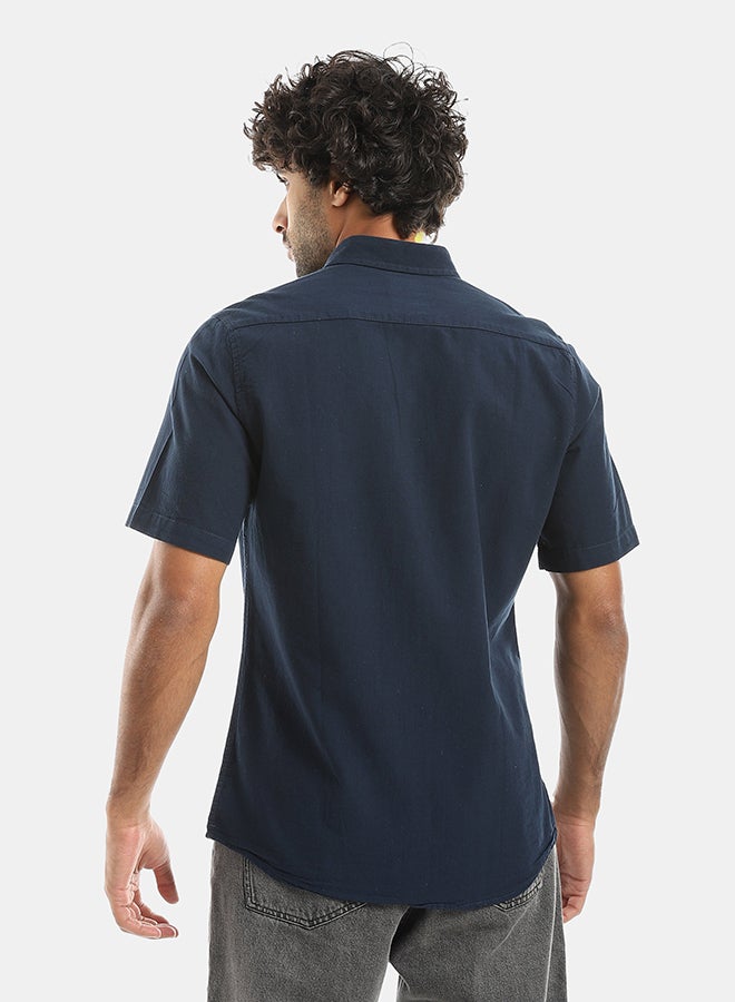 Andora Turned Down Collar Button Closure Long Sleeves Casual Shirt - Navy - Image 3