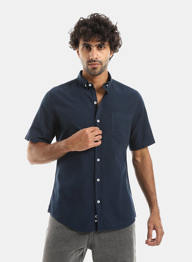 Andora Turned Down Collar Button Closure Long Sleeves Casual Shirt - Navy - Image 1