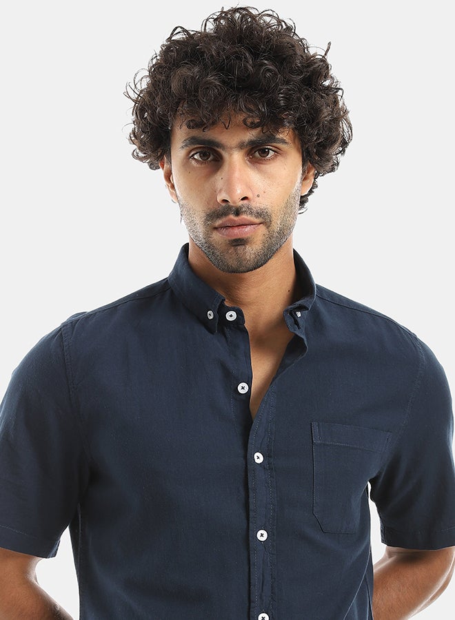Andora Turned Down Collar Button Closure Long Sleeves Casual Shirt - Navy - Image 4