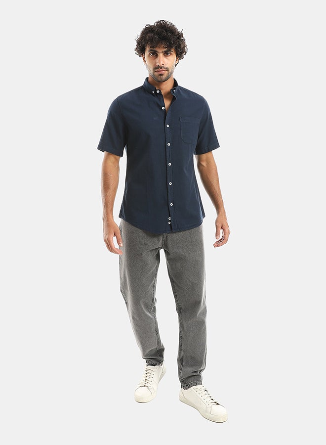 Andora Turned Down Collar Button Closure Long Sleeves Casual Shirt - Navy - Image 5