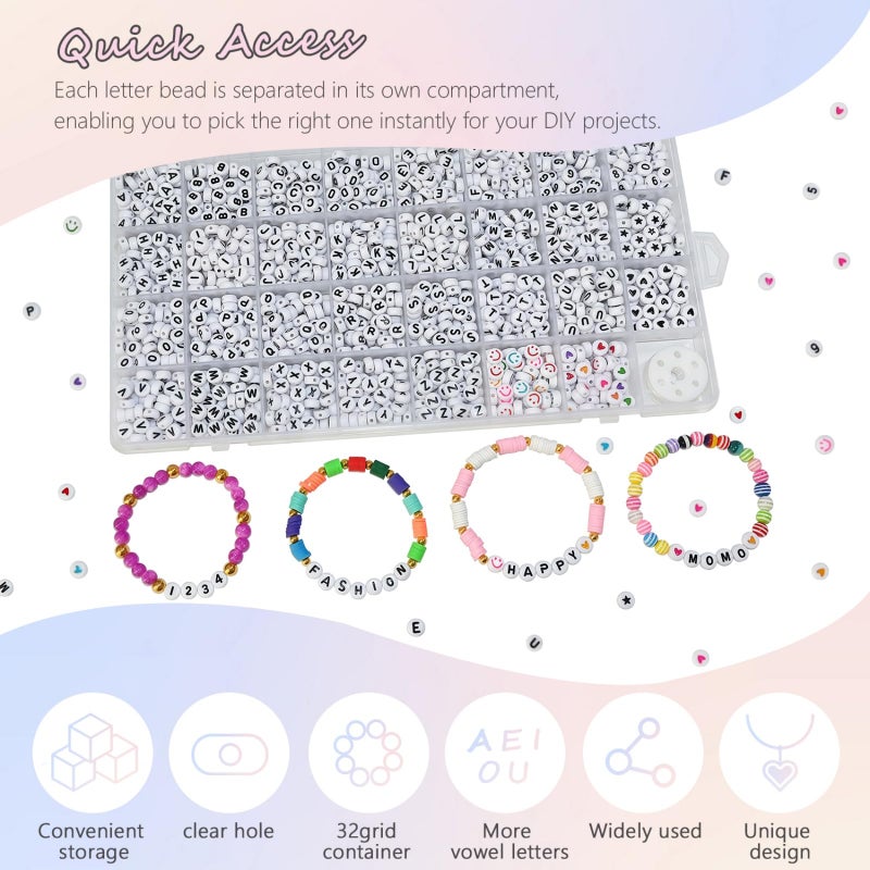 Looconi Amaney 1600pcs Acrylic Alpabet Letter Beads,31 Styles,Heart,Number,Star and Smiley Beads,4x7mm for Jewelry Making Bracelets Necklaces Key Chains - Image 4