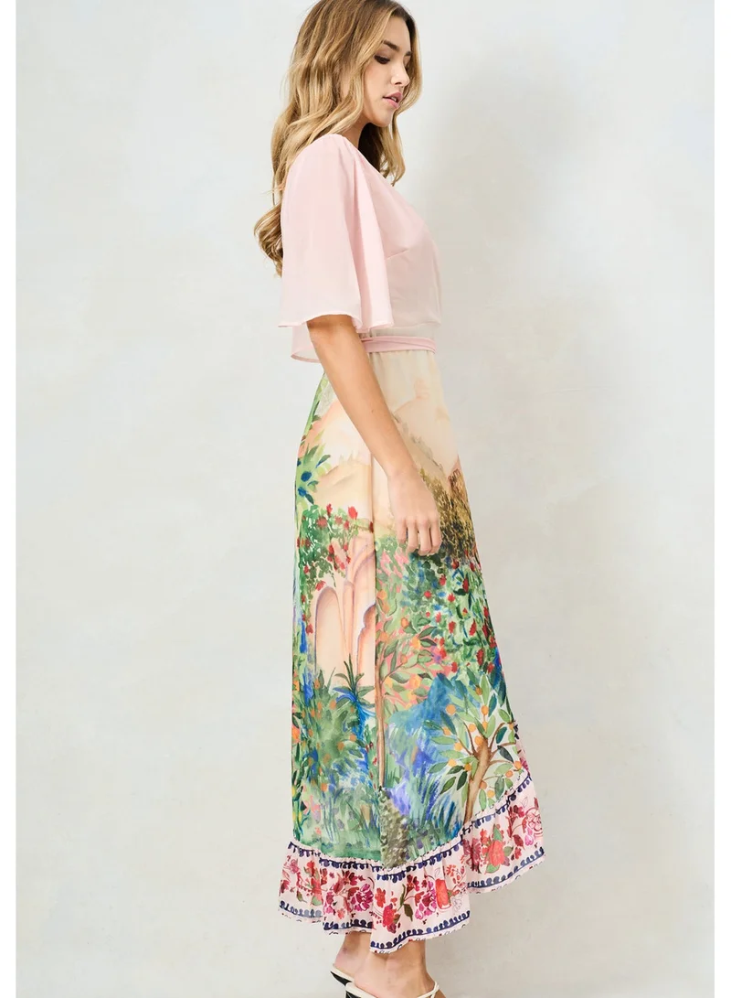 Hope & Ivy  Printed Flutter Sleeve Maxi Wrap Dress with Tie Waist for Women | Best Price UAE
