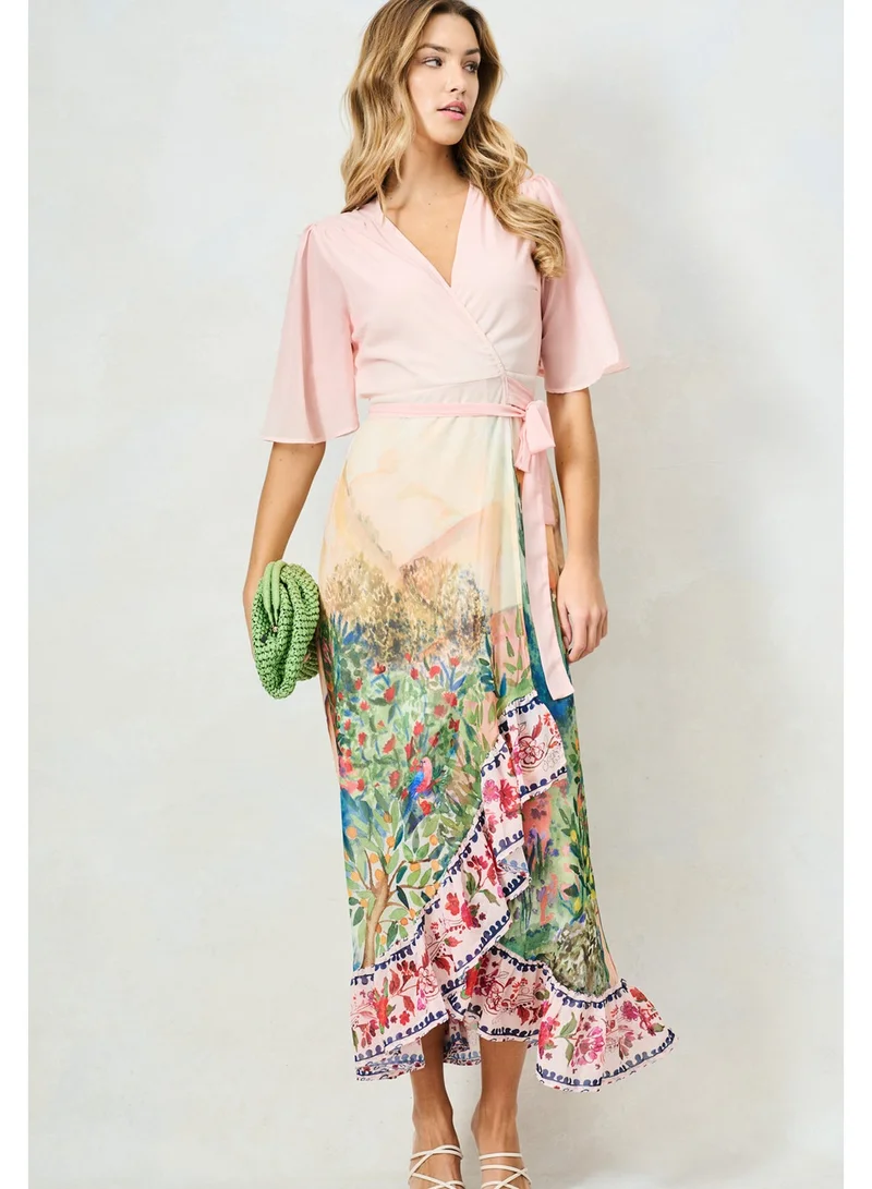 Hope & Ivy  Printed Flutter Sleeve Maxi Wrap Dress with Tie Waist for Women | Best Price UAE