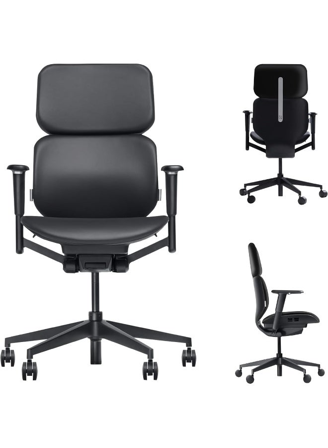 NAVODESK NAVO ATOM, Minimal Aesthetic & Ergonomic Office Chair, Slim & Sleek Premium Home Office Desk Chair with Adjustable Seat Depth, Lumbar Support and 4D Armrests (CloudLeather - LowBack, Pure Black) - Image 1