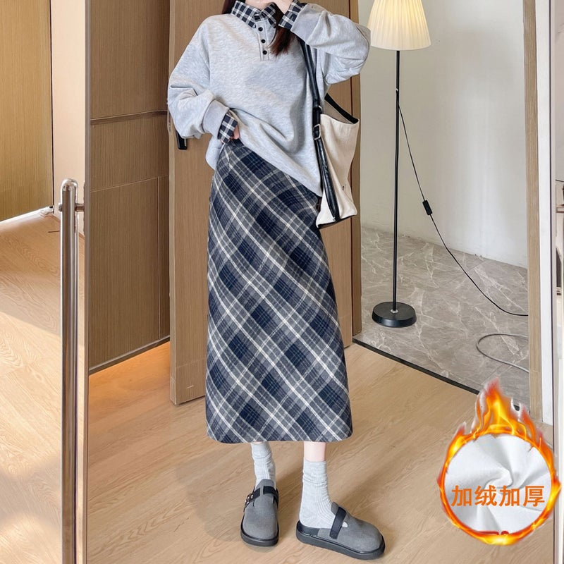 Woolen Hip Skirt Autumn and Winter New Arrival Long Skirt Womens All-Match High Waist Slimming Ace Retro Twill Plaid Skirt Dark gray [velvet style]