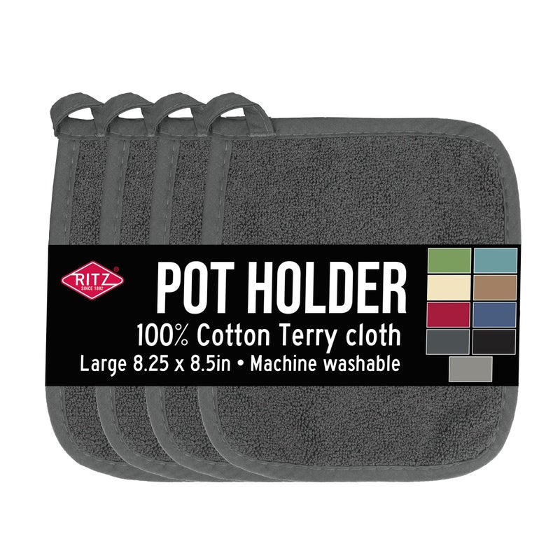 RITZ Terry Potholder & Hot Pad: Unparalleled Heat Resistant, Durable 100% Cotton â€“ Ergonomically Designed for Optimal Grip â€“ Easy-Care Machine Washable â€“ 4-Pack, Graphite - Image 1