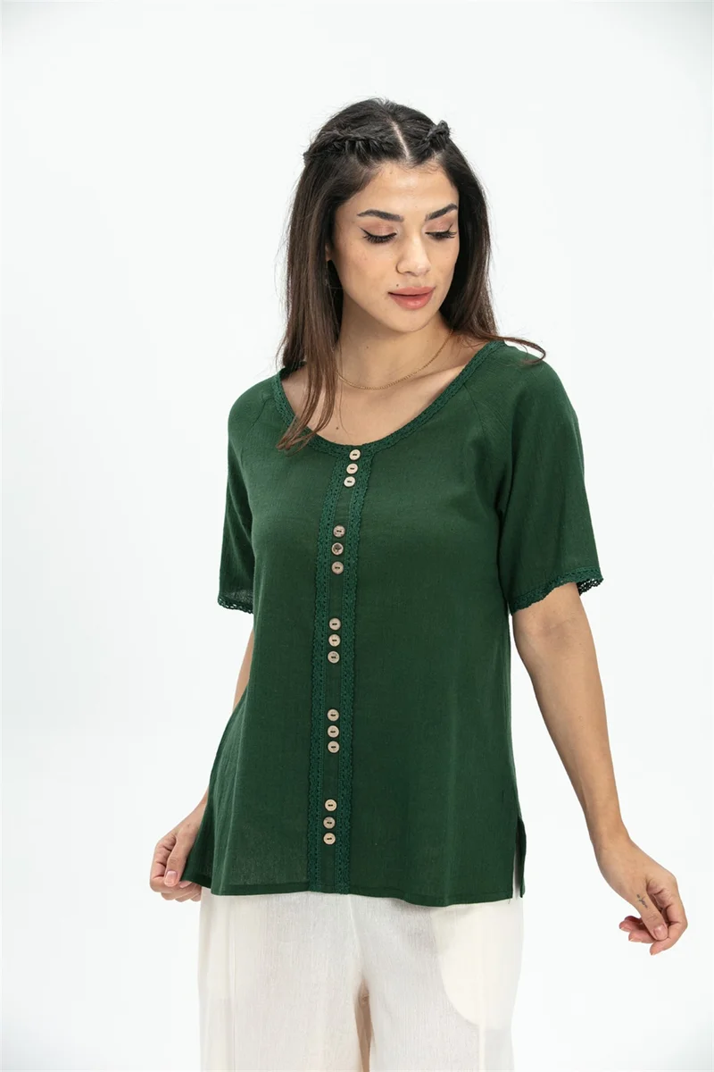 اليش شيل بيزي Short Sleeve Şile Cloth Umay Blouse Green Ysl