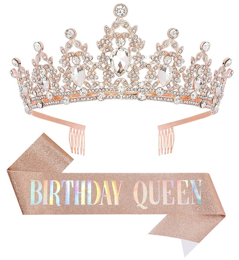 Papoopy Birthday Tiara Crown with Sash for Women, Headband Hair Accessories for Wedding Party Costume Rose - Image 1