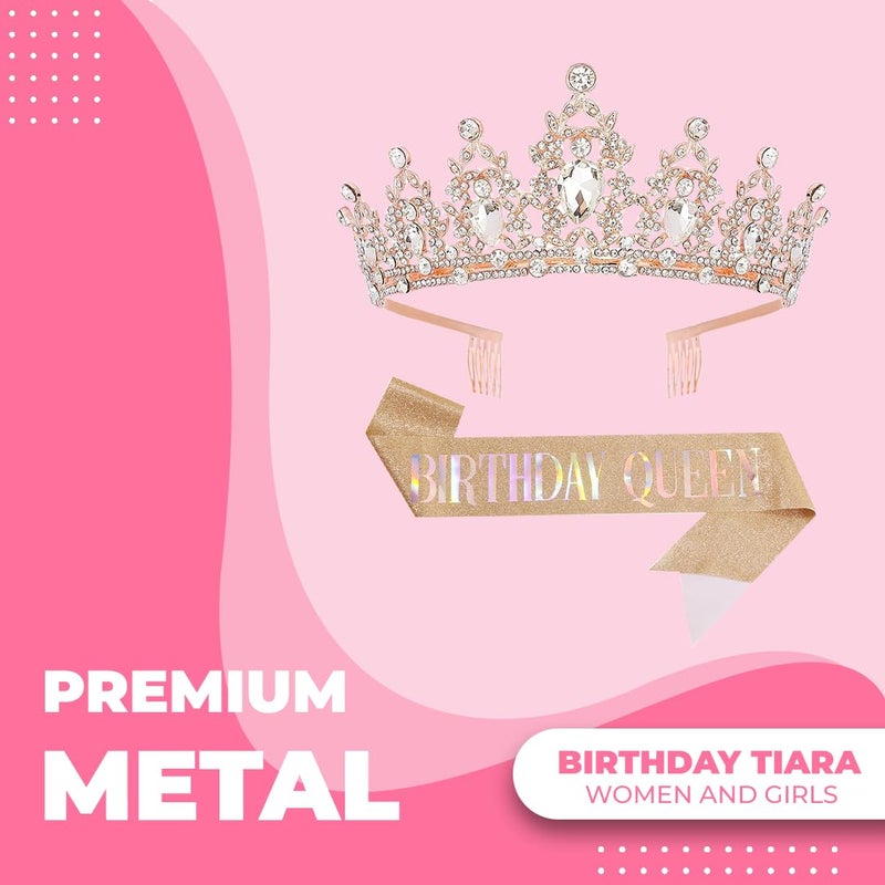 Papoopy Birthday Tiara Crown with Sash for Women, Headband Hair Accessories for Wedding Party Costume Rose - Image 2