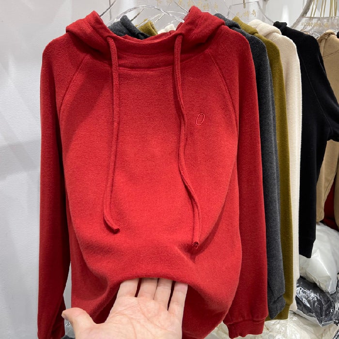 1632# [2025 autumn and winter new] velvet base hoodie women 2025 autumn and winter new Joker warm hooded big red  - Image 1