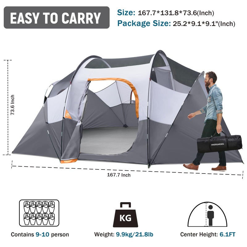 HG HIKERGARDEN 10 Person Camping Tent - Portable Large Family Tent for Camp, Windproof Fabric Dome Tent Outdoor for Hiking, Backpacking, Traveling - 14'x11'x74in(H) (Gray) - Image 1