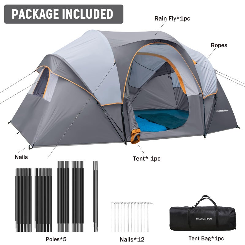 HG HIKERGARDEN 10 Person Camping Tent - Portable Large Family Tent for Camp, Windproof Fabric Dome Tent Outdoor for Hiking, Backpacking, Traveling - 14'x11'x74in(H) (Gray) - Image 3