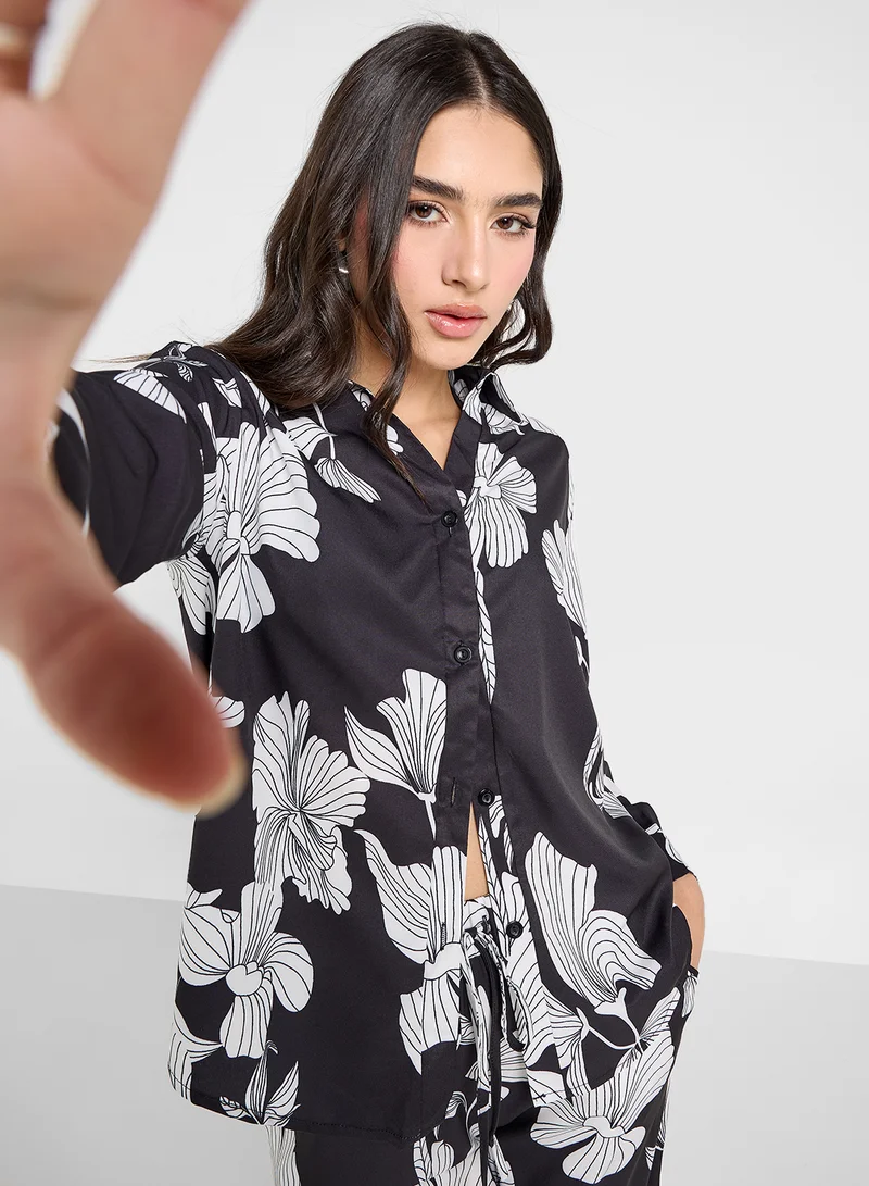 Ginger Monochrome Floral Print Relaxed Shirt & Pant Co-Ord Set
