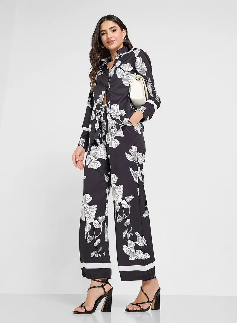Ginger Monochrome Floral Print Relaxed Shirt & Pant Co-Ord Set