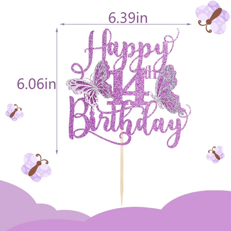 Kaoenla 3D Butterfly Happy 14th Birthday Cake Topper  Glitter Butterfly Theme 14 years old///fourteen Birthday/Anniversary Party Cake Decor (14th  Purple) - Image 5