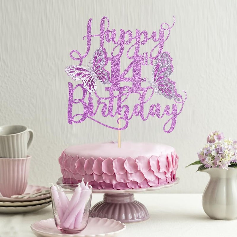 Kaoenla 3D Butterfly Happy 14th Birthday Cake Topper  Glitter Butterfly Theme 14 years old///fourteen Birthday/Anniversary Party Cake Decor (14th  Purple) - Image 2