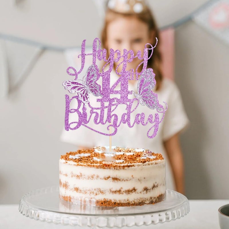 Kaoenla 3D Butterfly Happy 14th Birthday Cake Topper  Glitter Butterfly Theme 14 years old///fourteen Birthday/Anniversary Party Cake Decor (14th  Purple) - Image 4